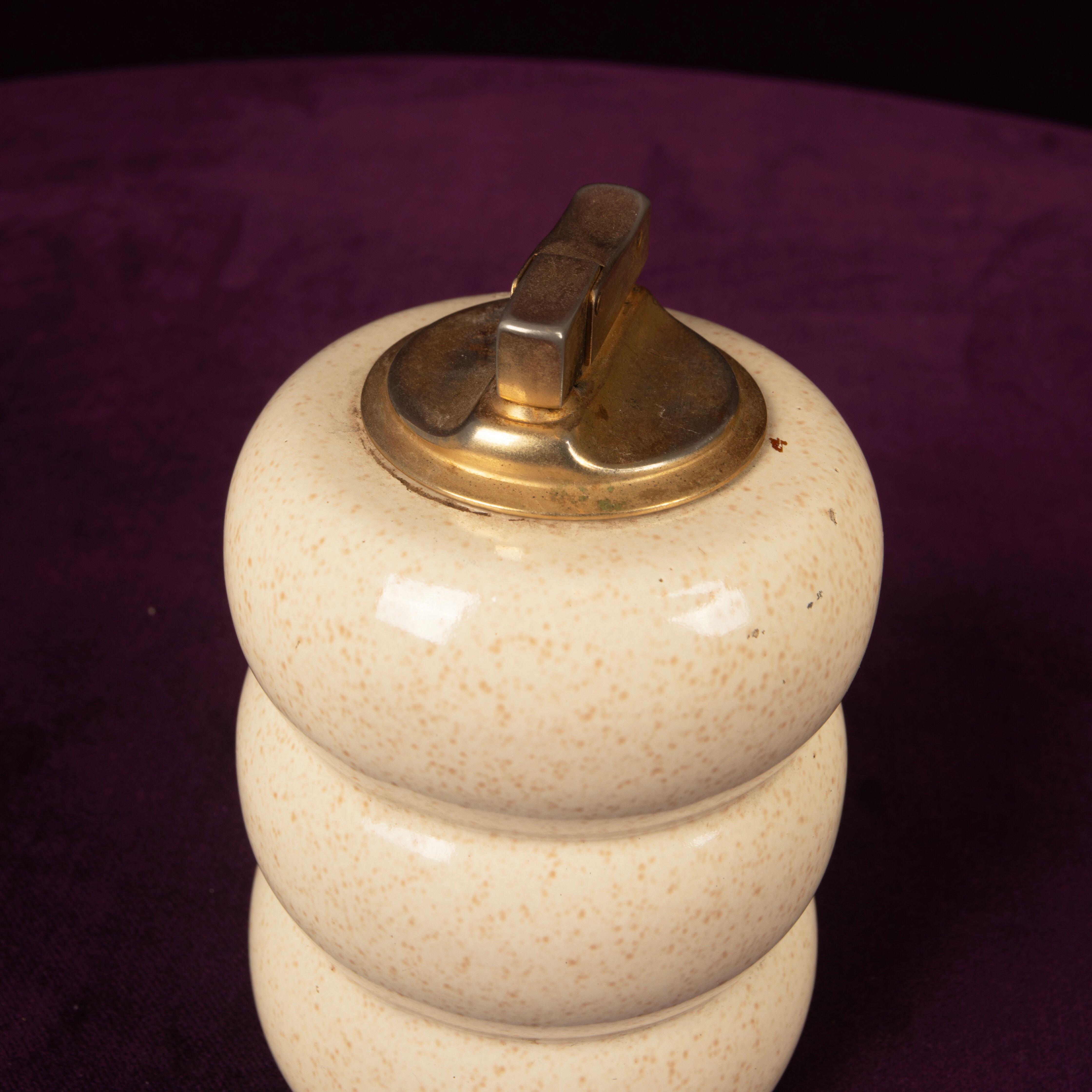 Tommaso Barbi Cream Speckled Ceramic and Brass Table Lighter 1970