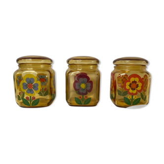 Set of 3 vintage amber glass spice jars