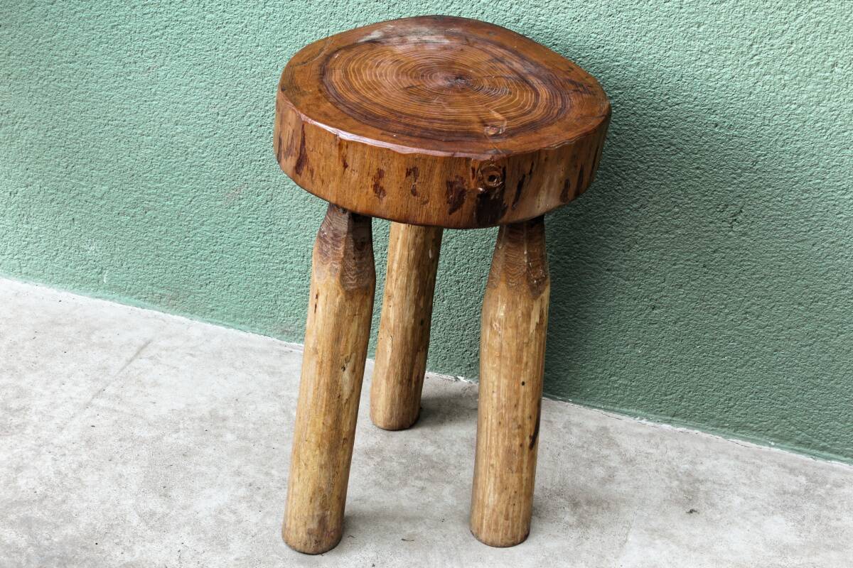Brutalist tripod stool, raw wood