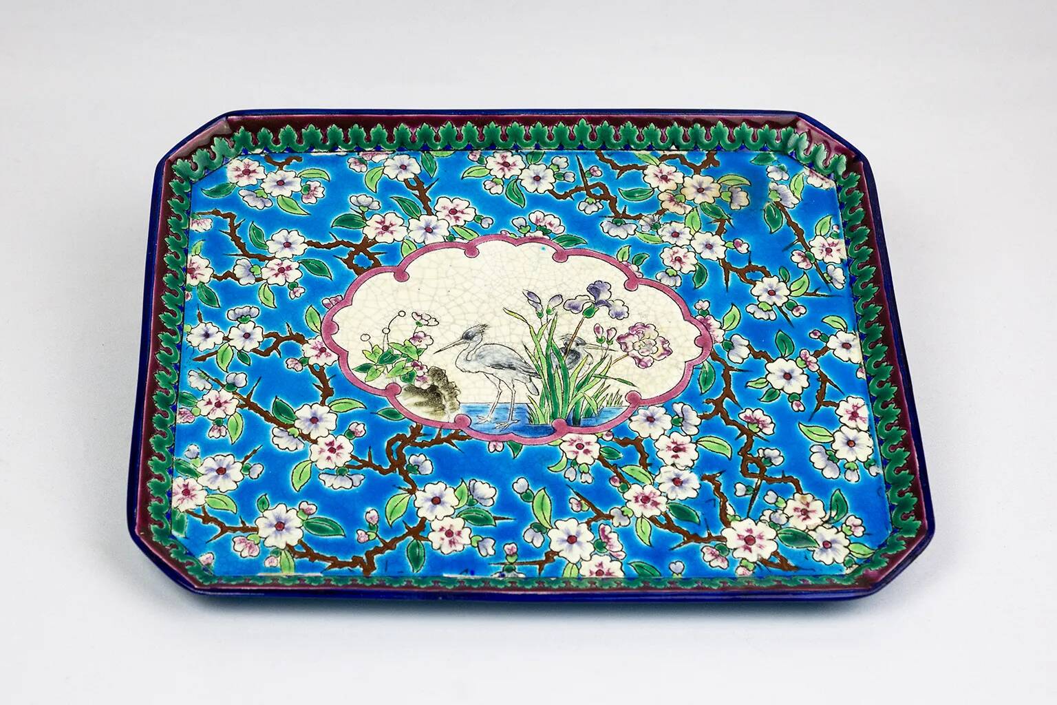 Enamelled earthenware plate – Apple blossom and cranes – Longwy, 1894