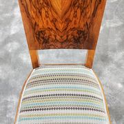 Set of six Art Deco dining chairs in walnut root veneer, 1940s.