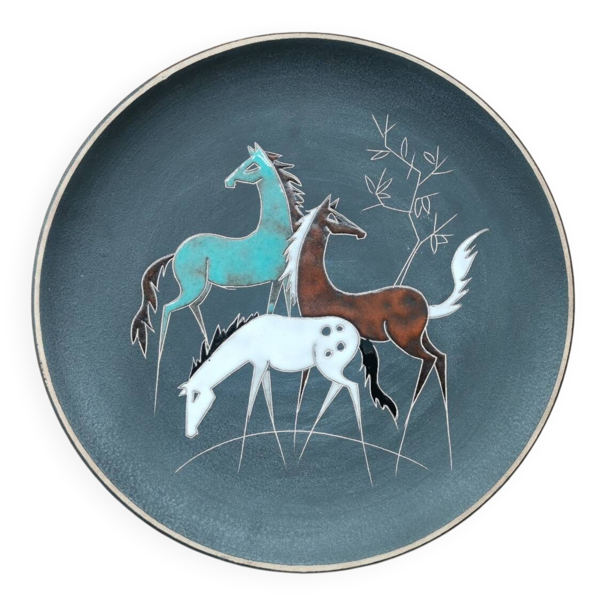 Assiette décorative vintage Ruscha « Trois chevaux »