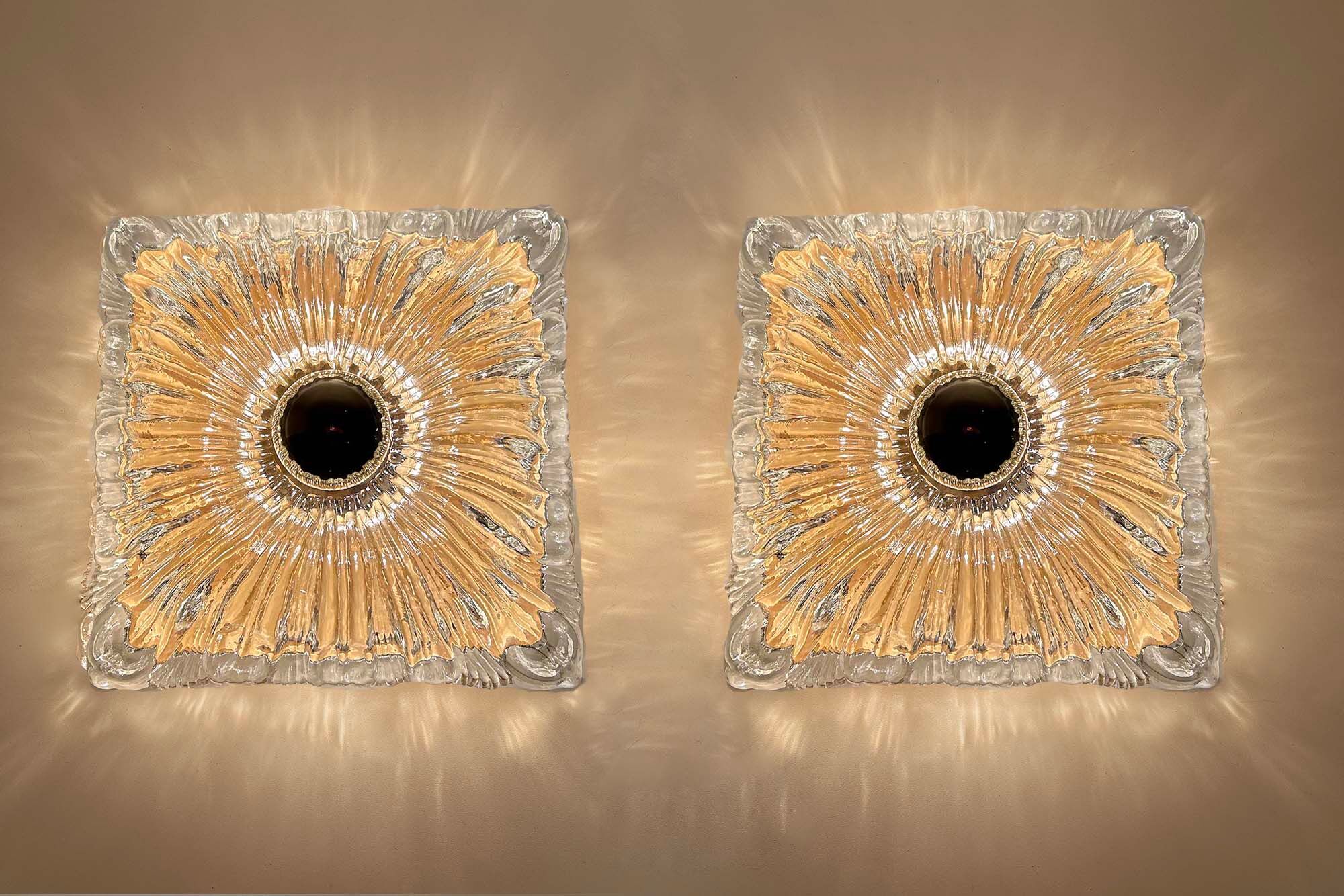Pair large vintage architectonic wall lamps, 60s, glass