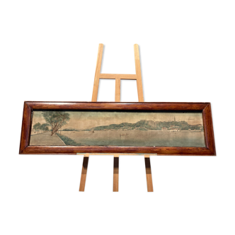 Peinture sur soie représentant un paysage maritime
