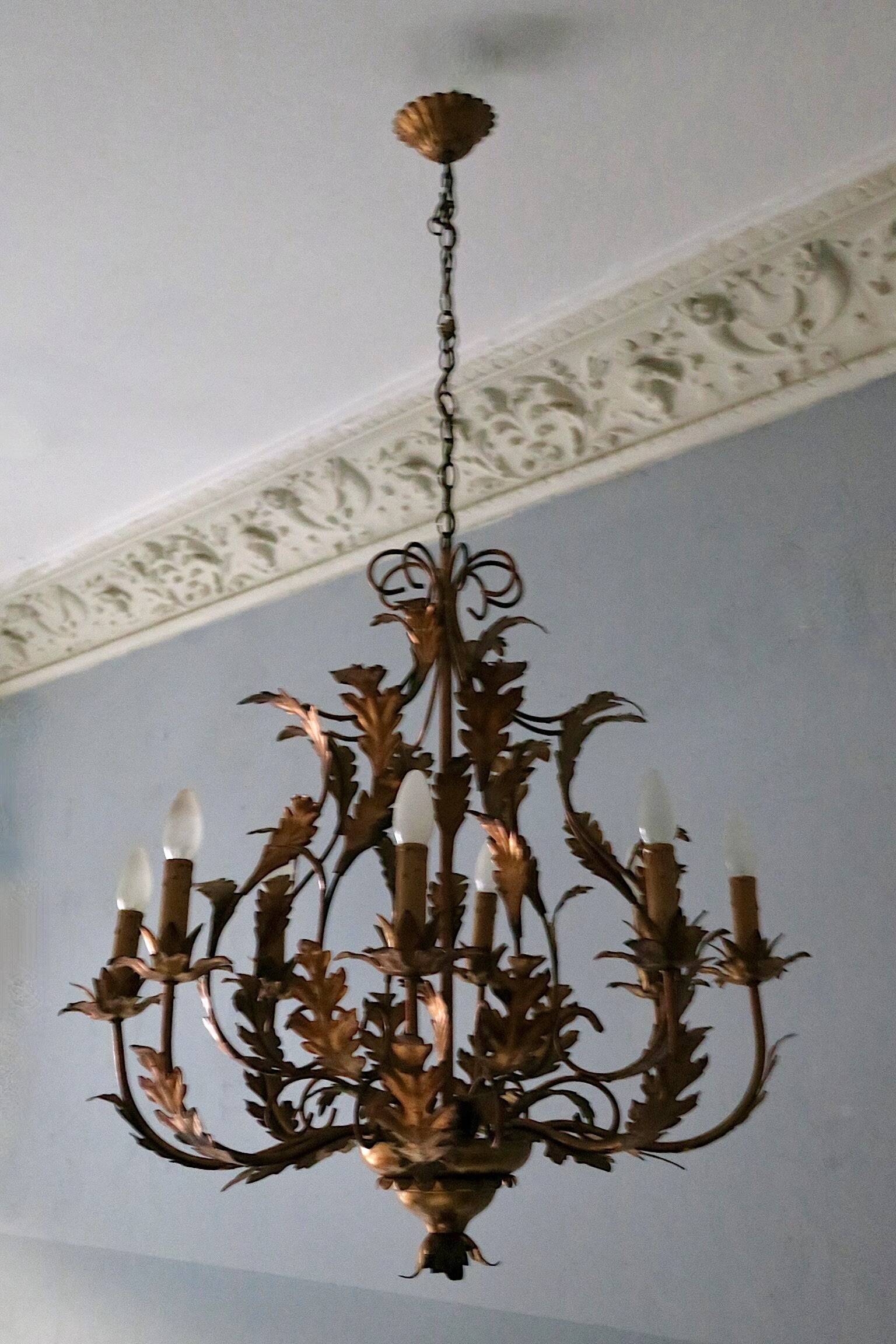 Large mid century patinated gilt tole 8-light chandelier, Hans Kögl, 1960s