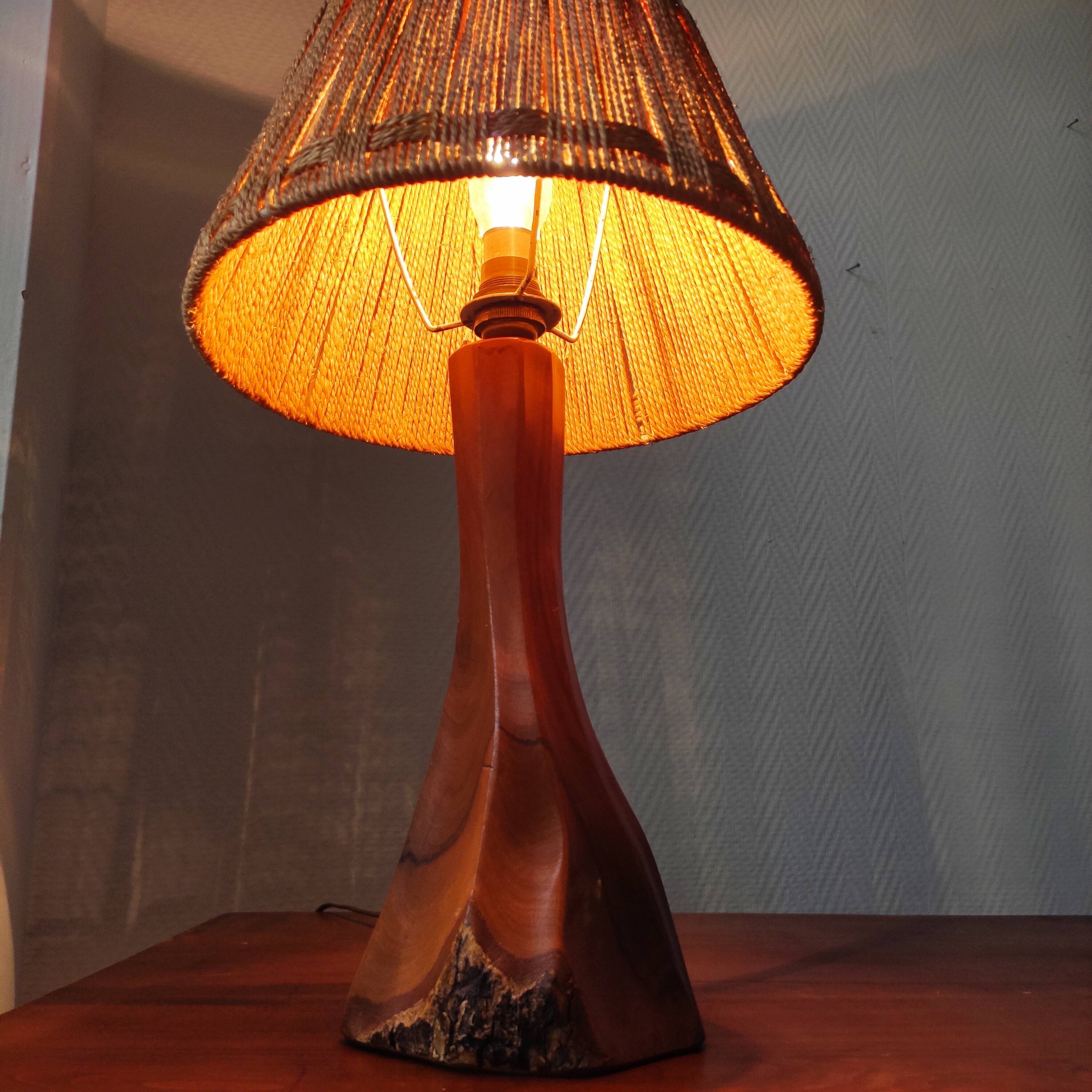 Vintage brutalist lamp from the 60s-70s made of wood and rope.