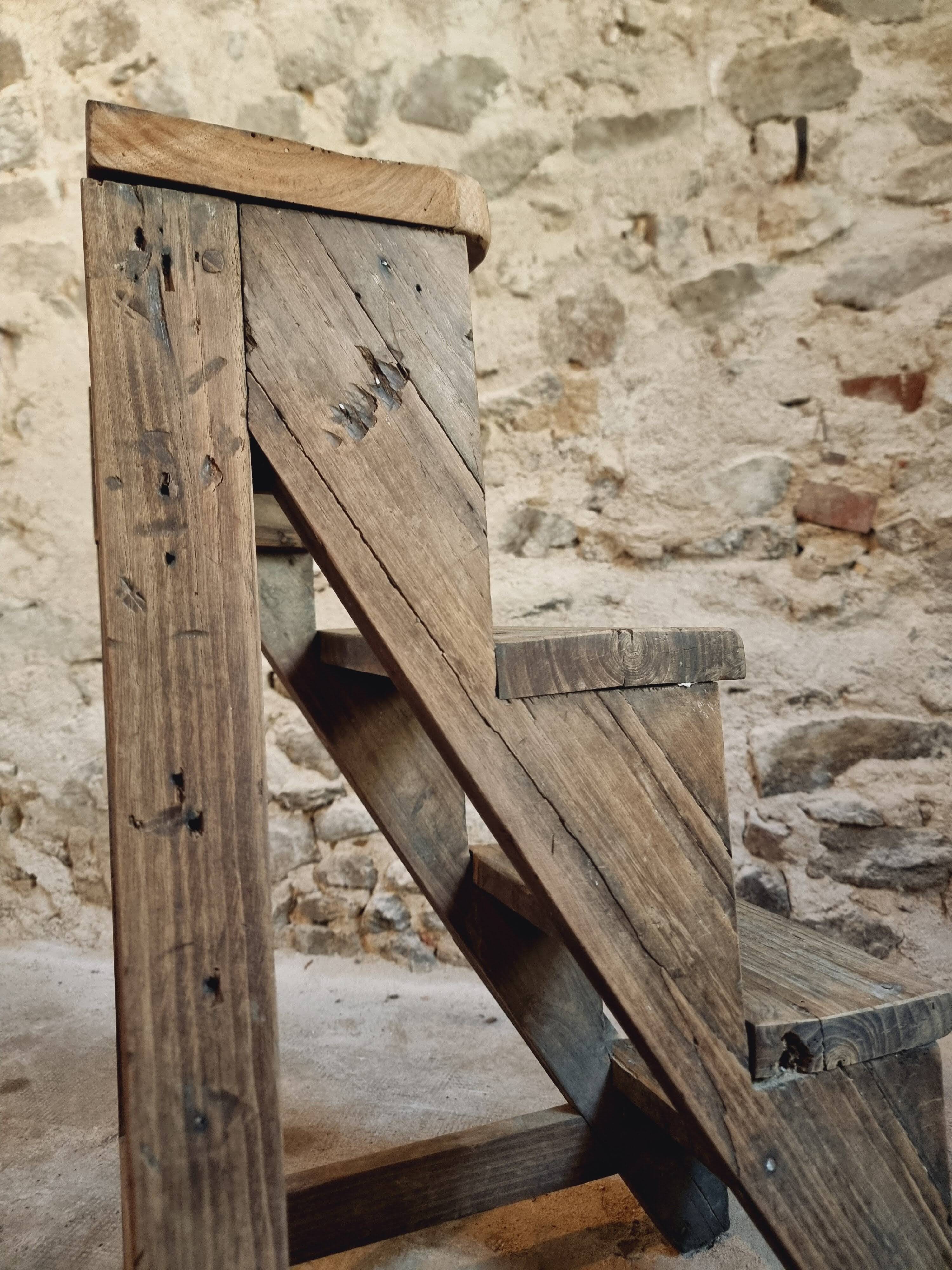 Antique chestnut wood workshop stepladder – France, early 1900s