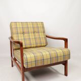 Fauteuil vintage Mid Century Design avec coussins en laine tartan jaune, Pologne, 1960