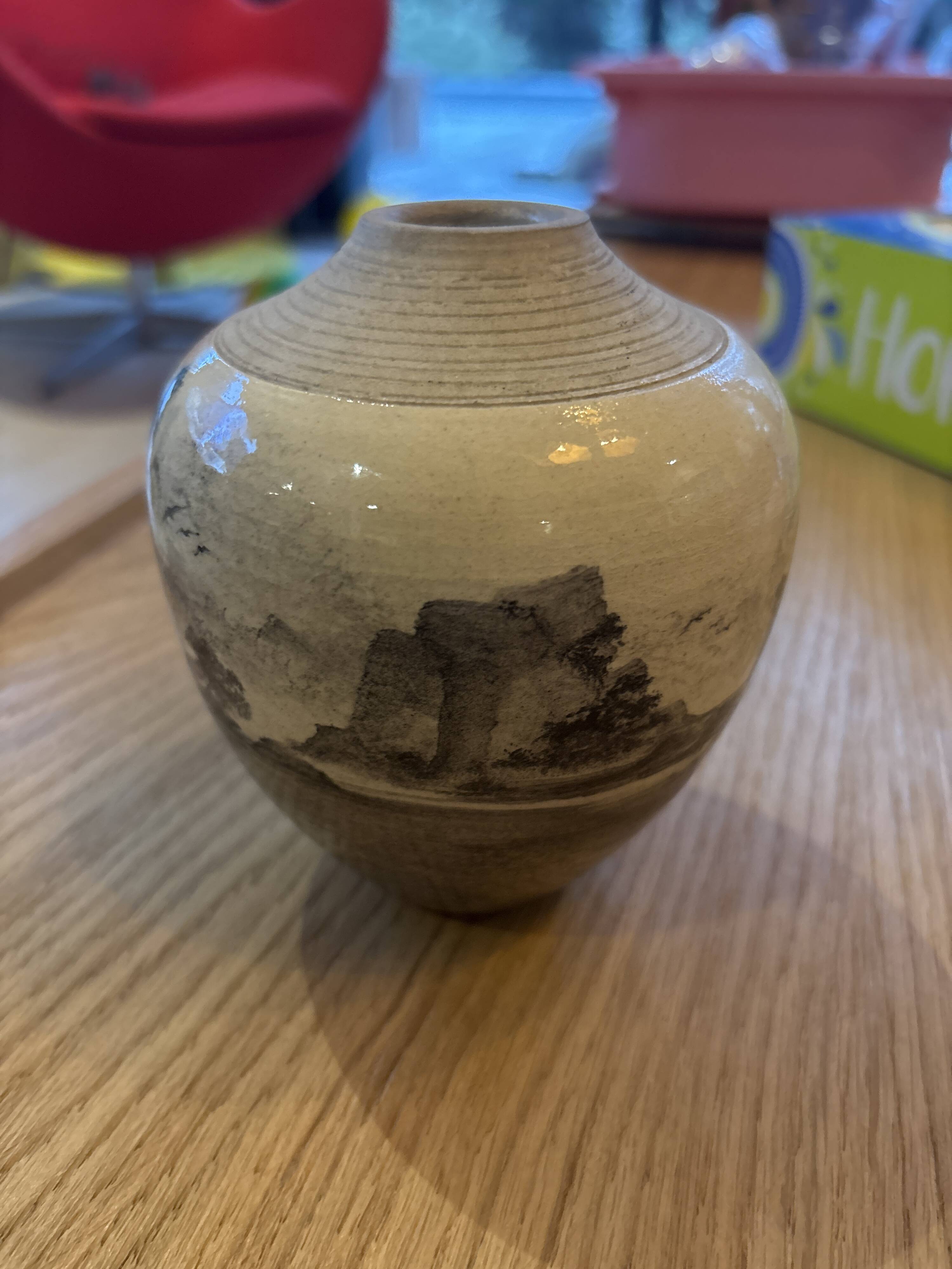 Small ovoid stoneware landscape vase
