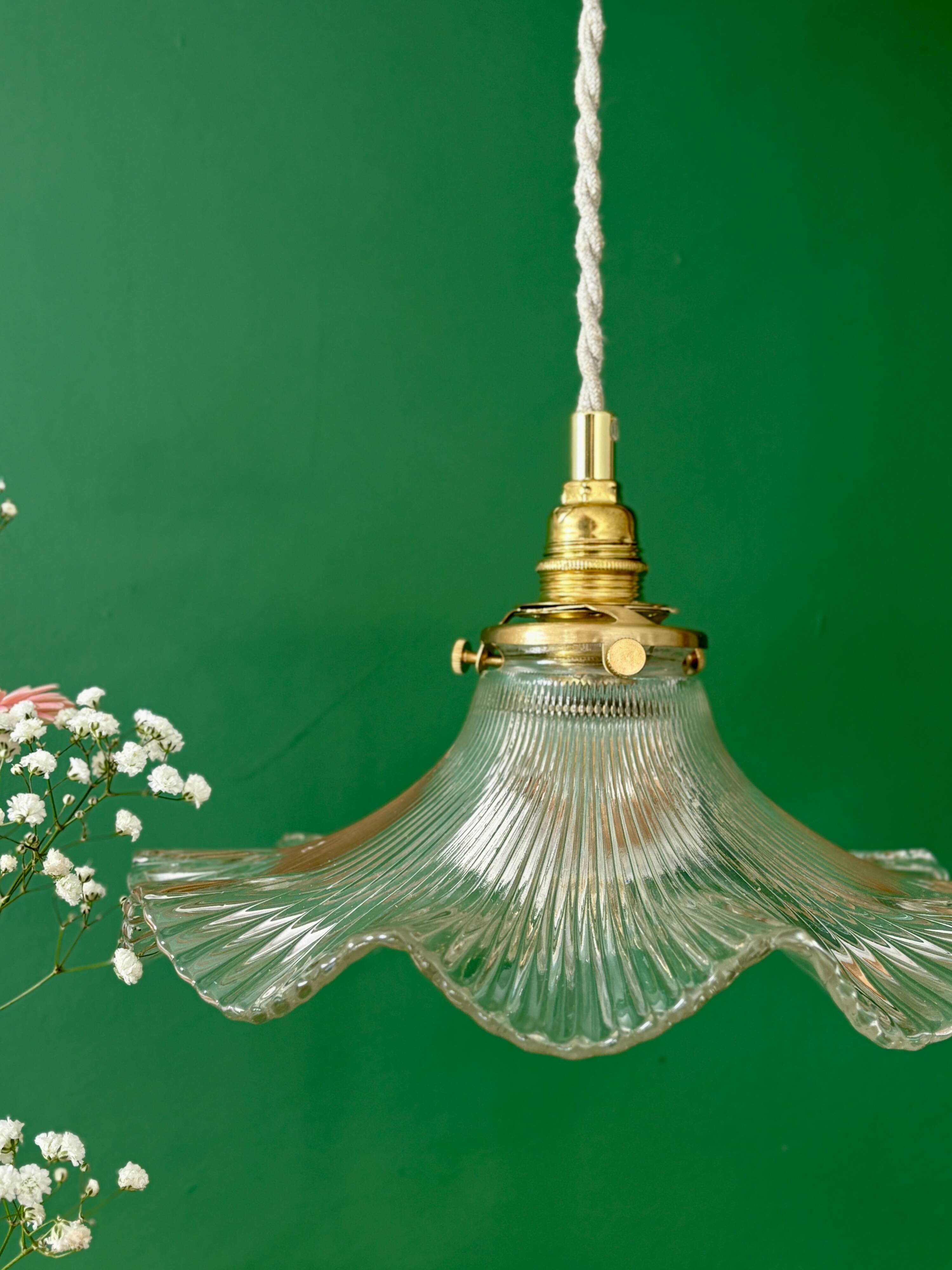 Suspension abat-jour vintage en verre holophane