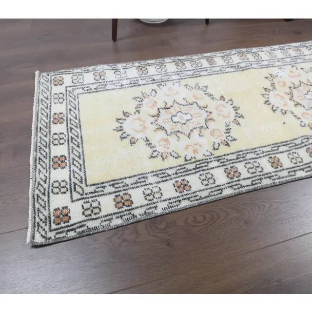 Vintage Turkish Oushak handmade wool cotton yellow runner rug 78x328