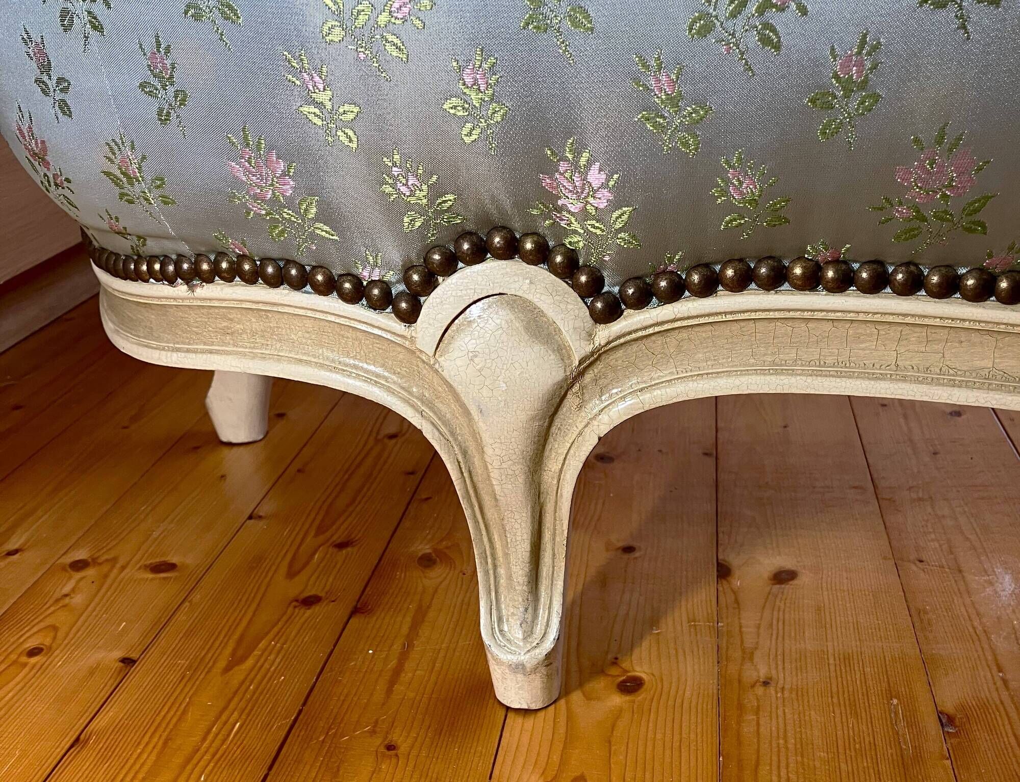 Louis XV style basket bed, embroidered satin, “cracked ivory” finish wood, 1950s