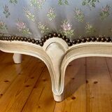 Louis XV style basket bed, embroidered satin, “cracked ivory” finish wood, 1950s
