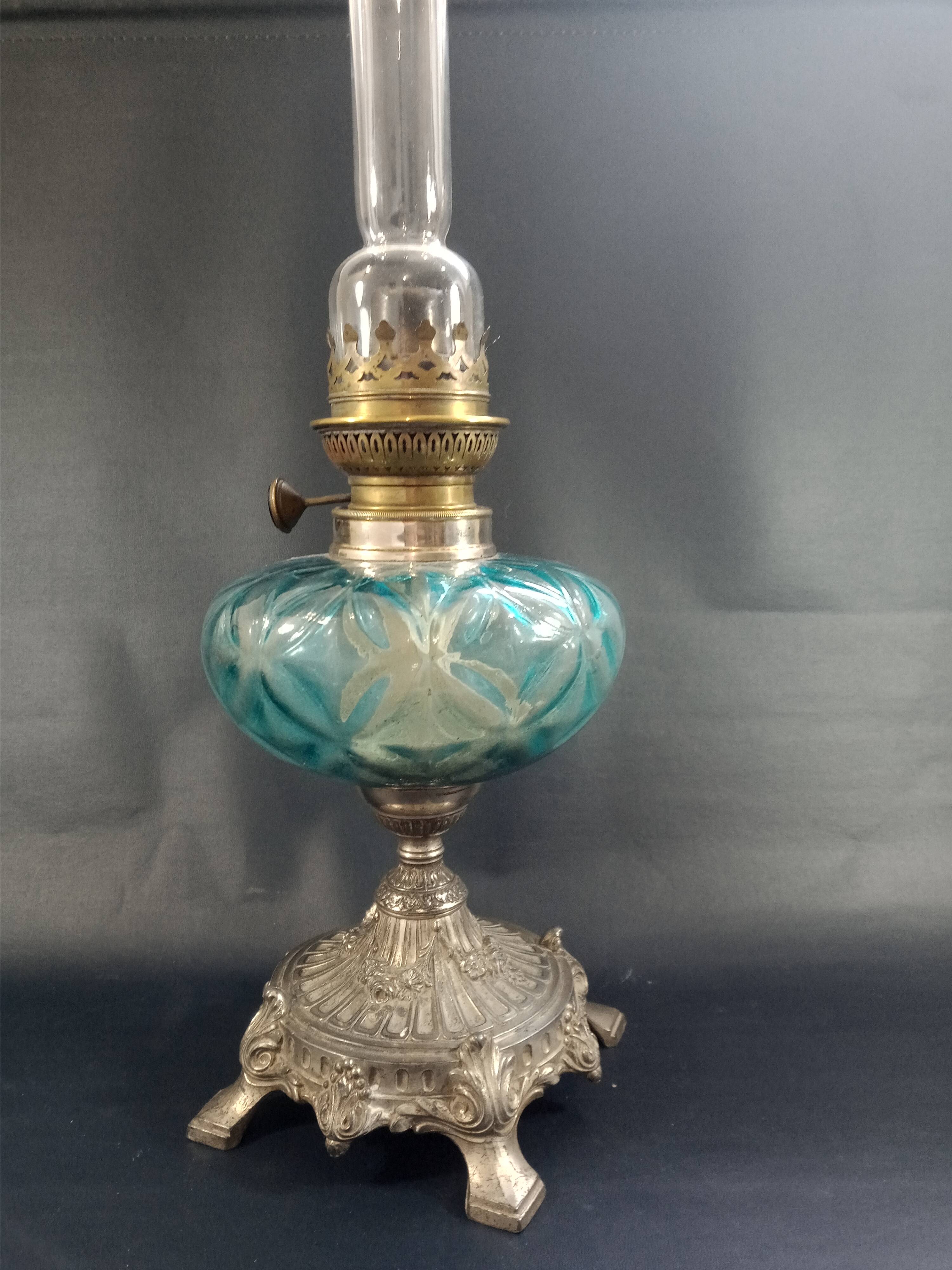 Blue glass oil lamp