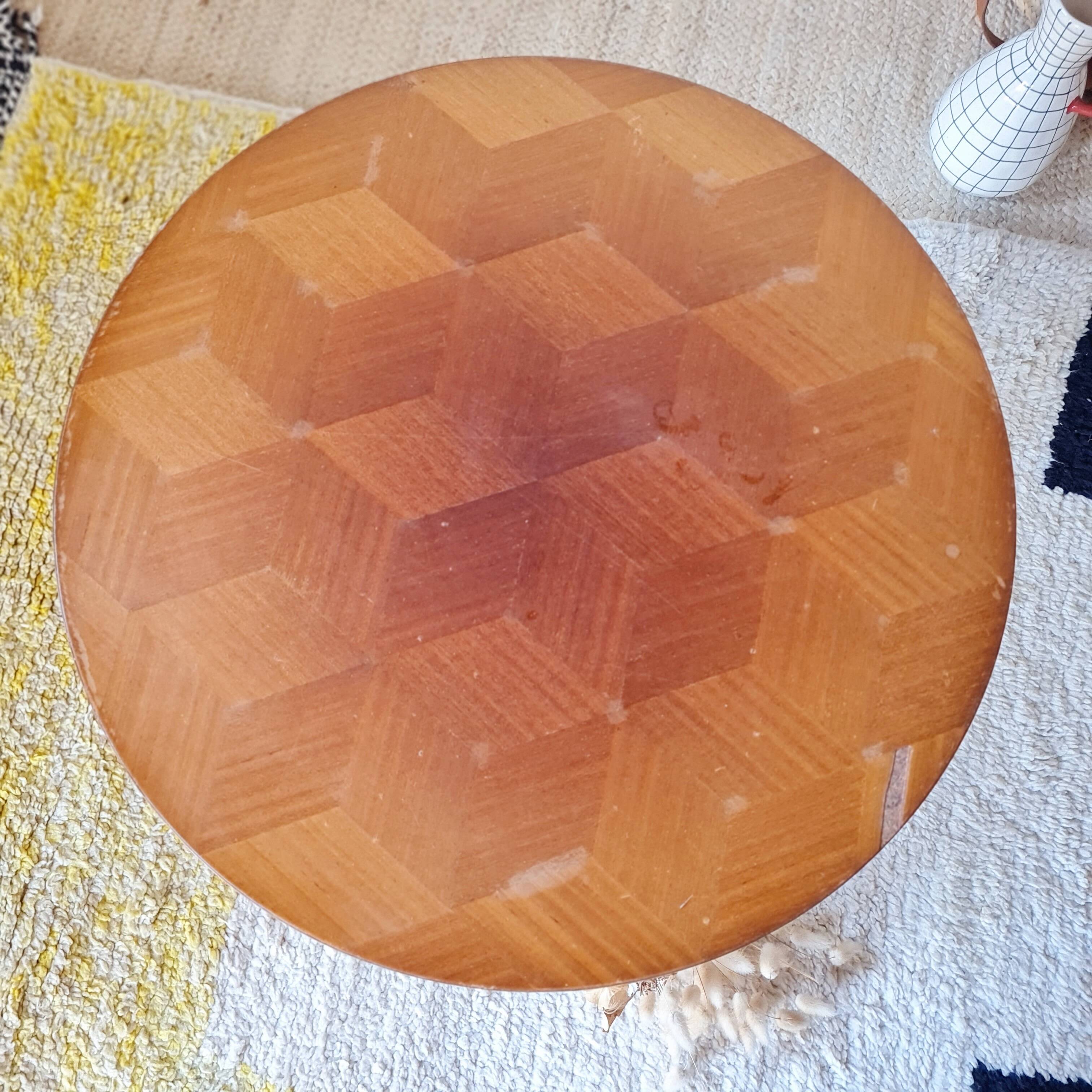 Vintage tripod side table, marquetry diamond top – 50/60