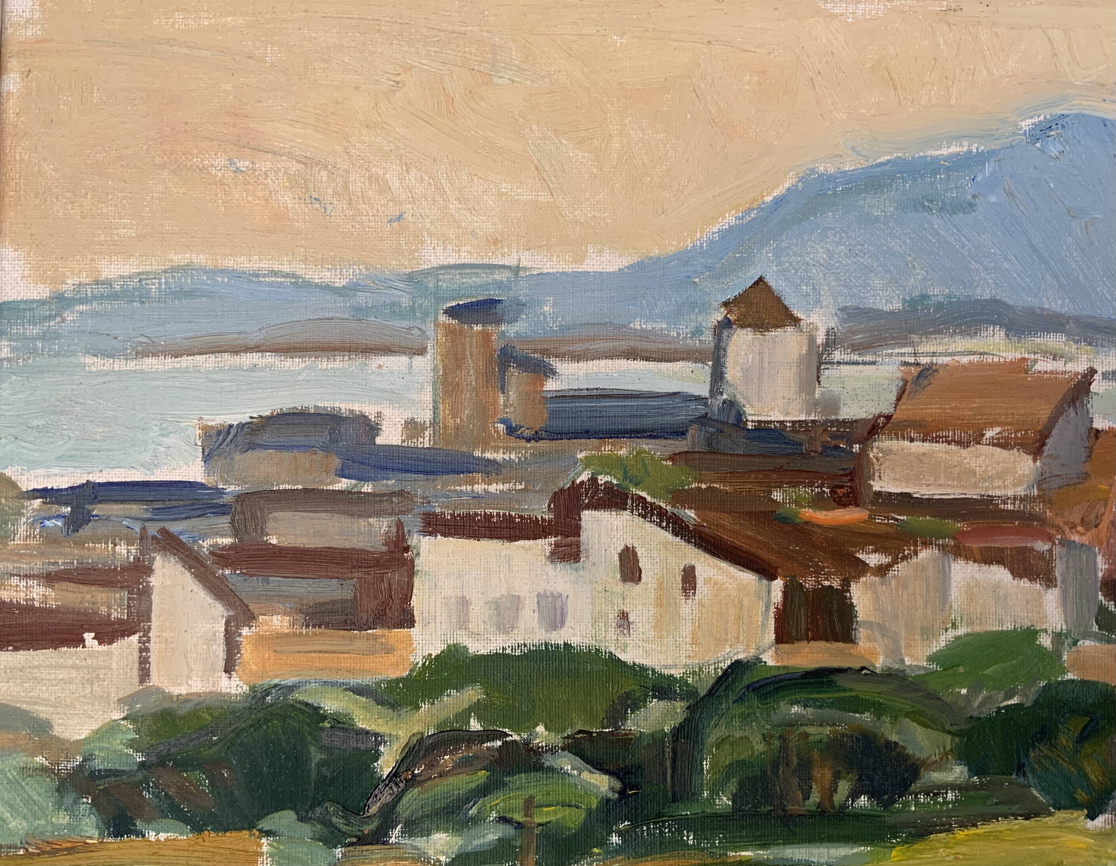 Peinture à l’huile de paysage impressionniste suédois du milieu du 20e siècle « Marbella » années 1960