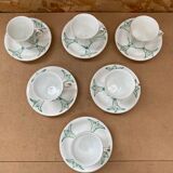 Set of 6 antique white ceramic mugs vintage green leaf decor