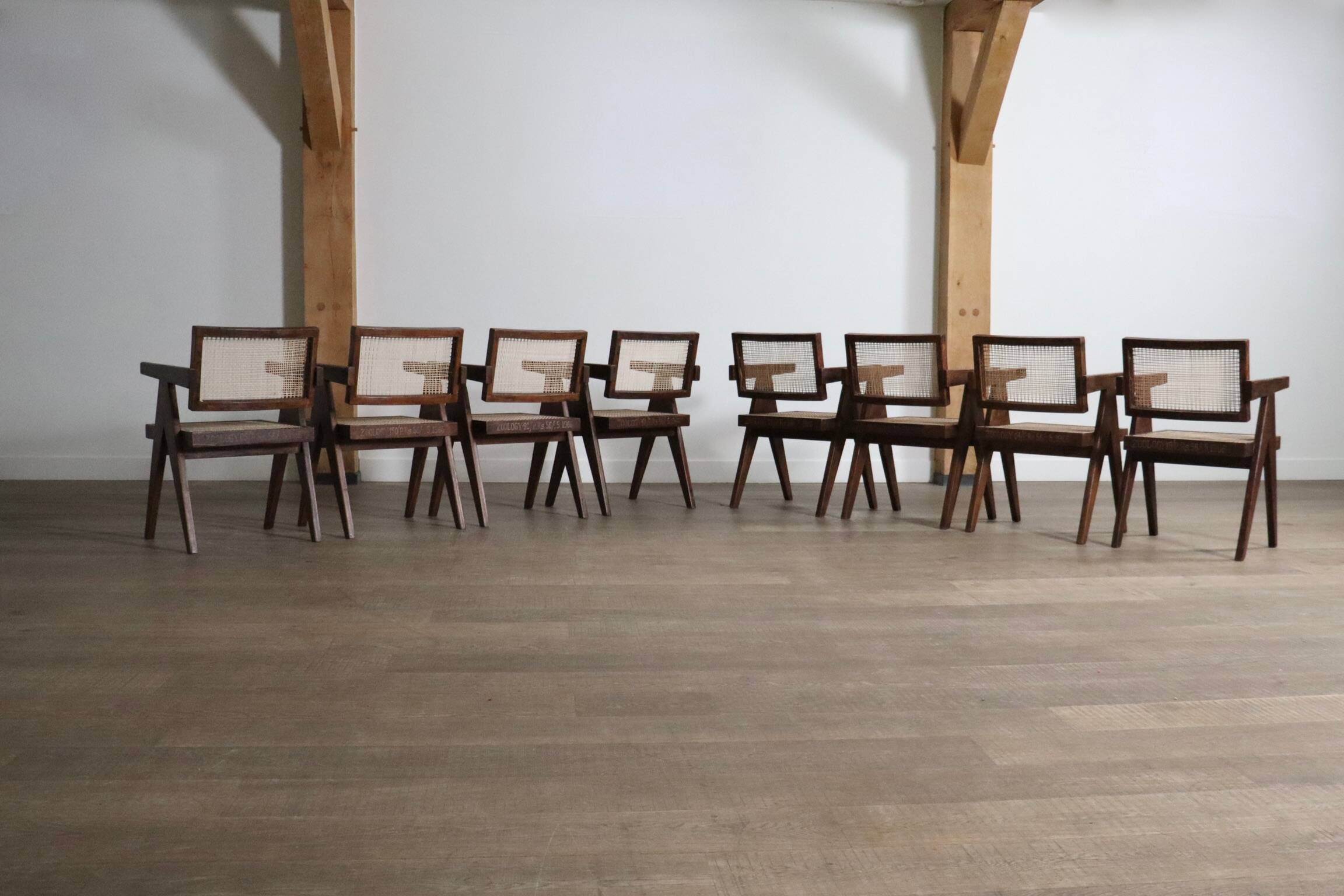 Set of 8 Pierre Jeanneret Office Cane Chairs, India 1950s