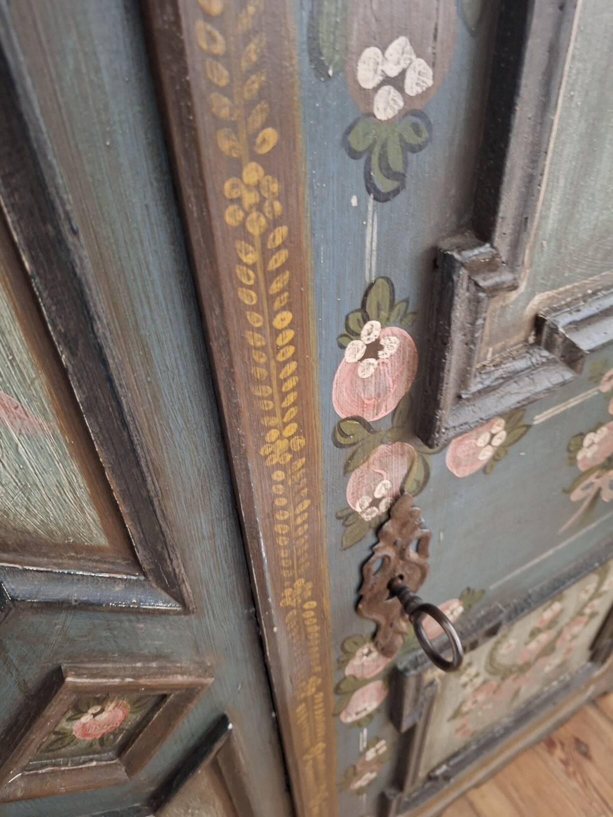 Antique blue hand-painted small Alpine wardrobe, circa 1810-20