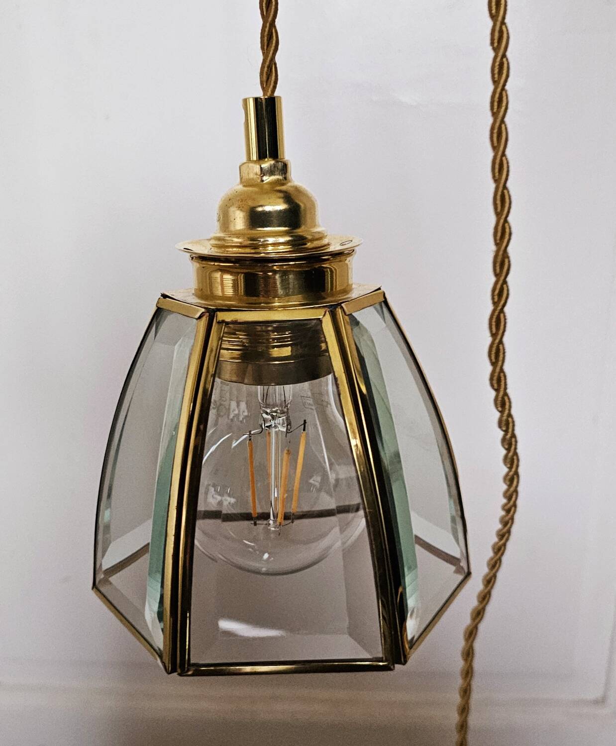 Antique portable lamp with chiseled glass and brass