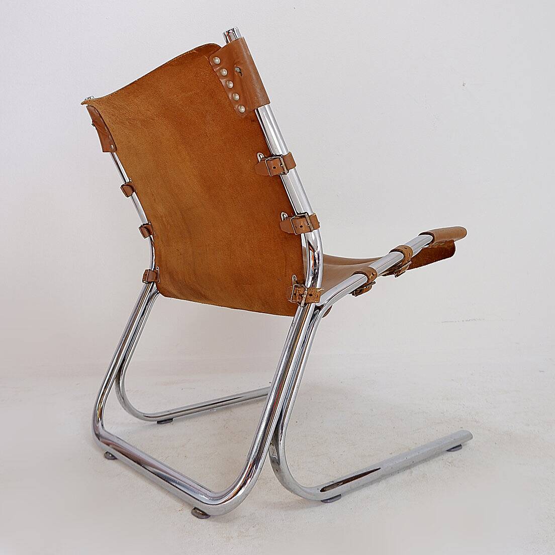 Vintage Leather and chrome Tubular Lounge Sling Chair, 1960s
