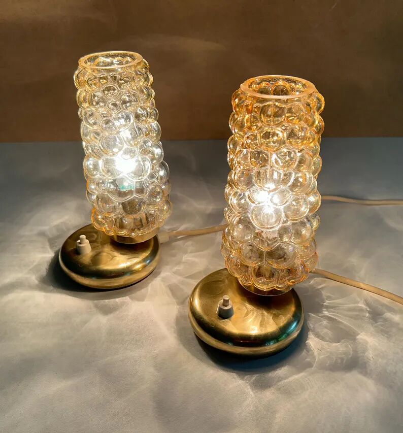 Pair Vintage  Lamps, Bedside, Bubble Glass