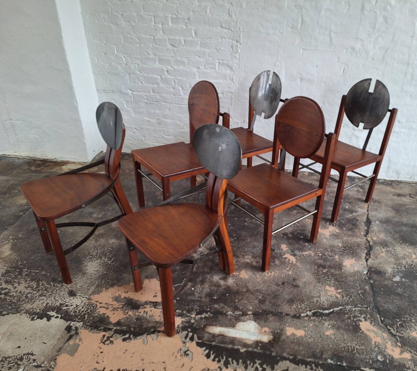 Set of 6 mid century Brutalist teak and steel dining chairs, 1960s