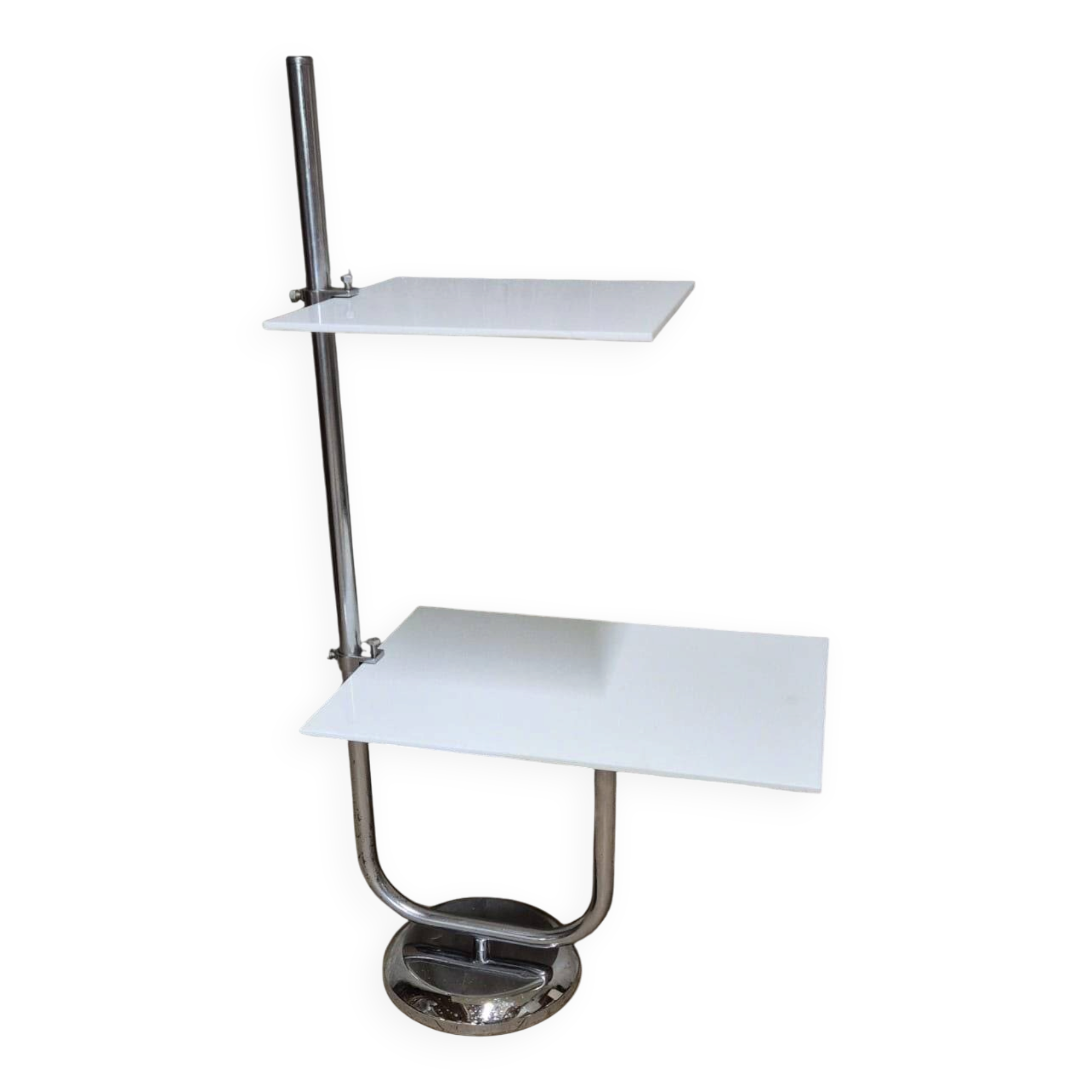 Vintage chrome flower stand with two white shelves, 1970s, Czechoslovakia, 35 × 54 × 100 cm