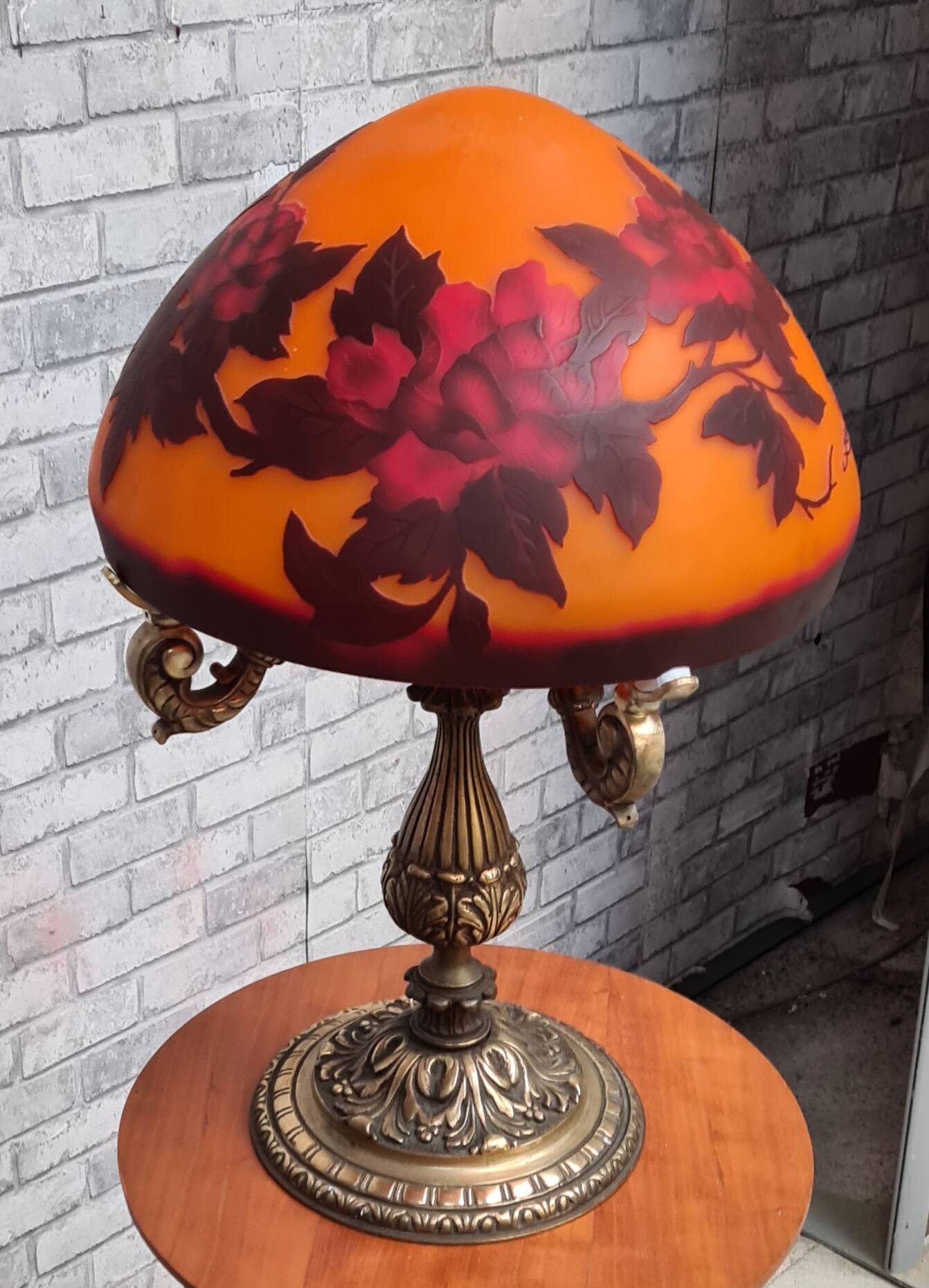 large bronze mushroom lamp with magnificent glass paste signed 7kg h51x33