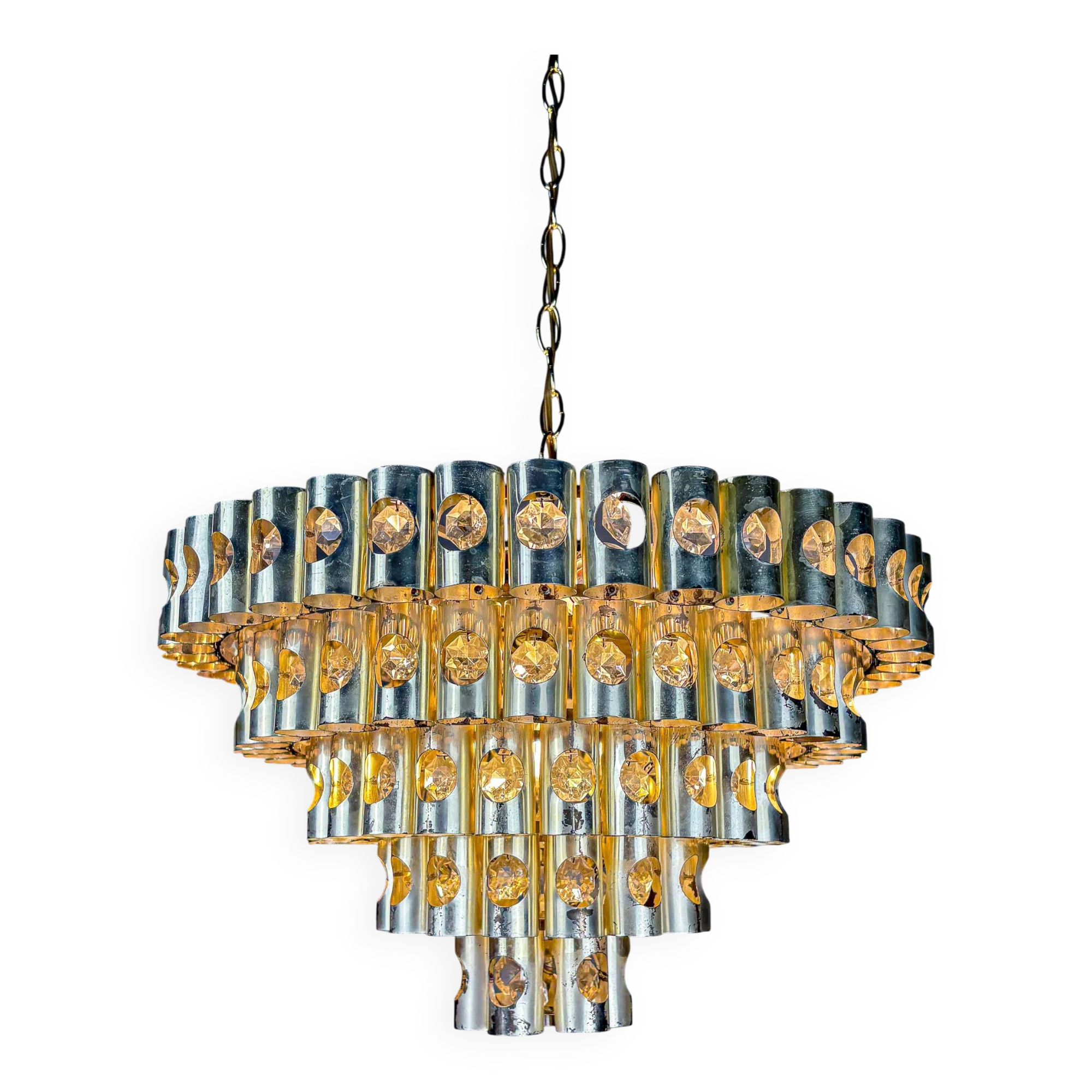 Gaetano Sciolari 5-tier chandelier, brass & crystal, Italy, 1970s