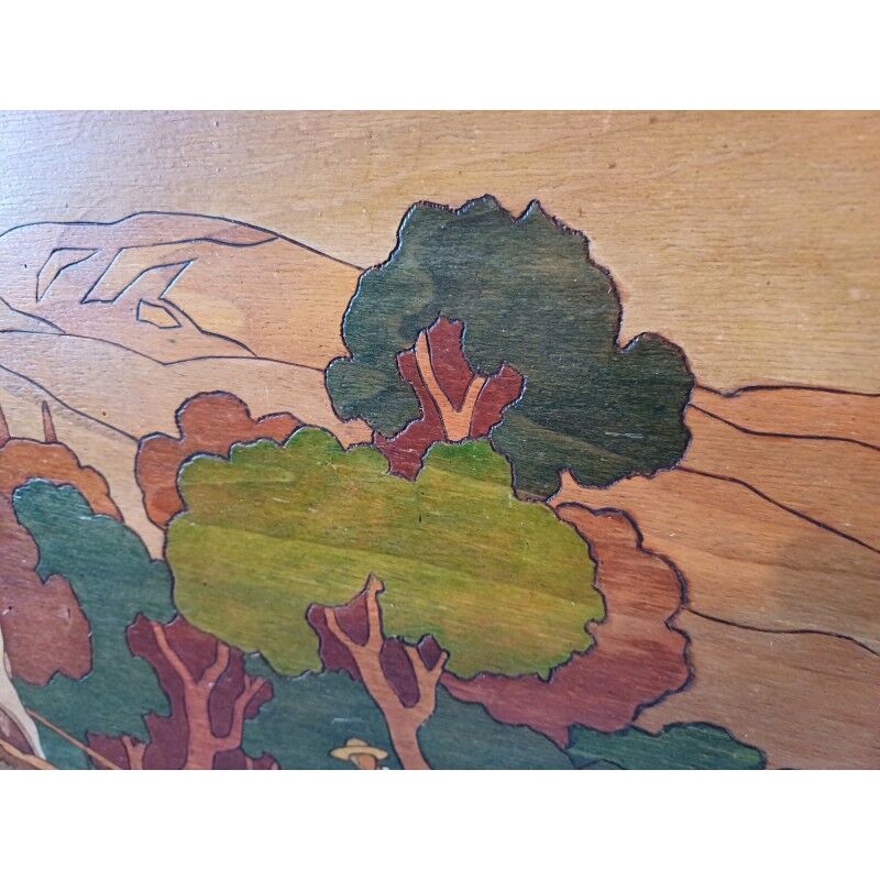 Wooden table, varnished painting signed Clavere.