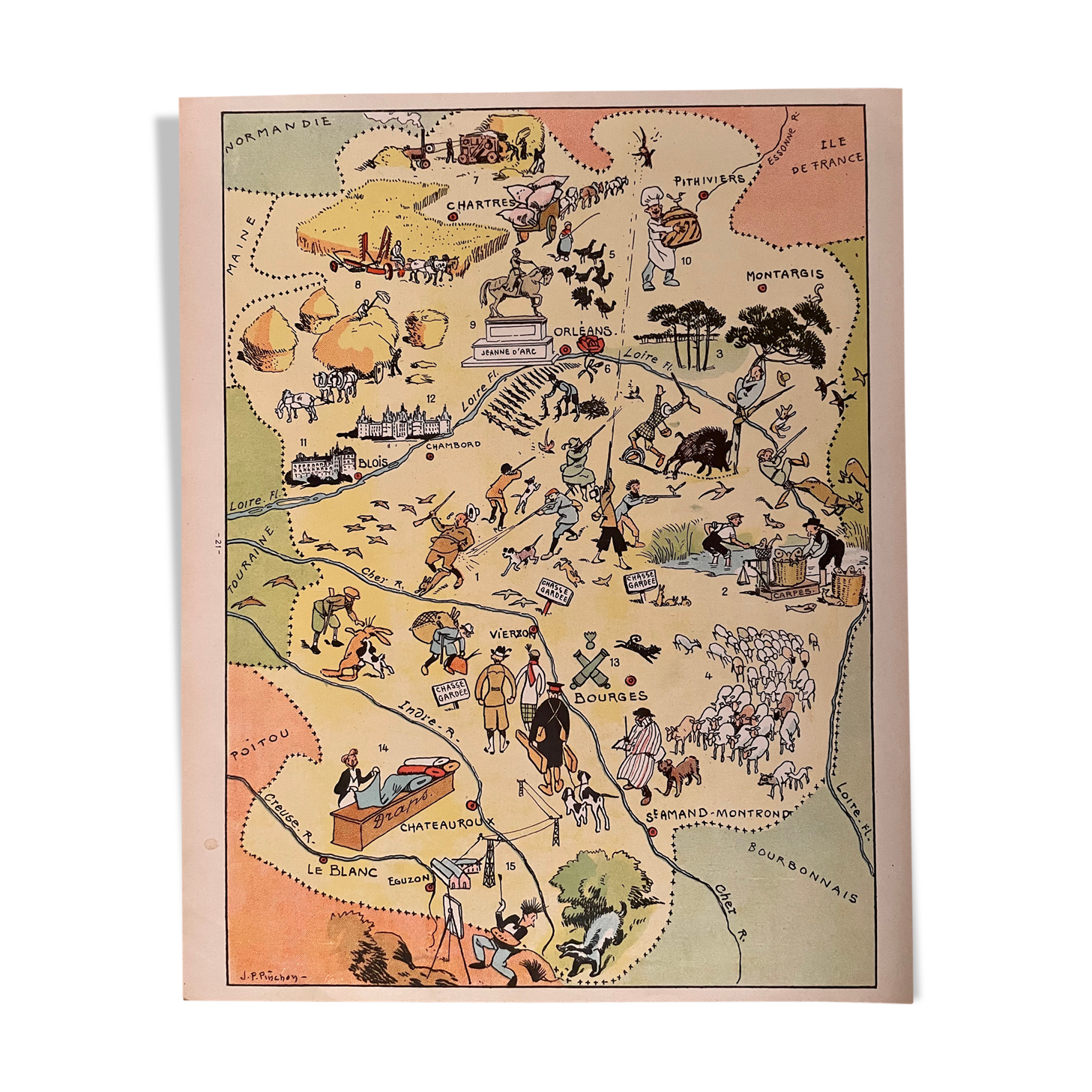 Old illustrated map of The Orleans Berry 1929 - JP Pinchon