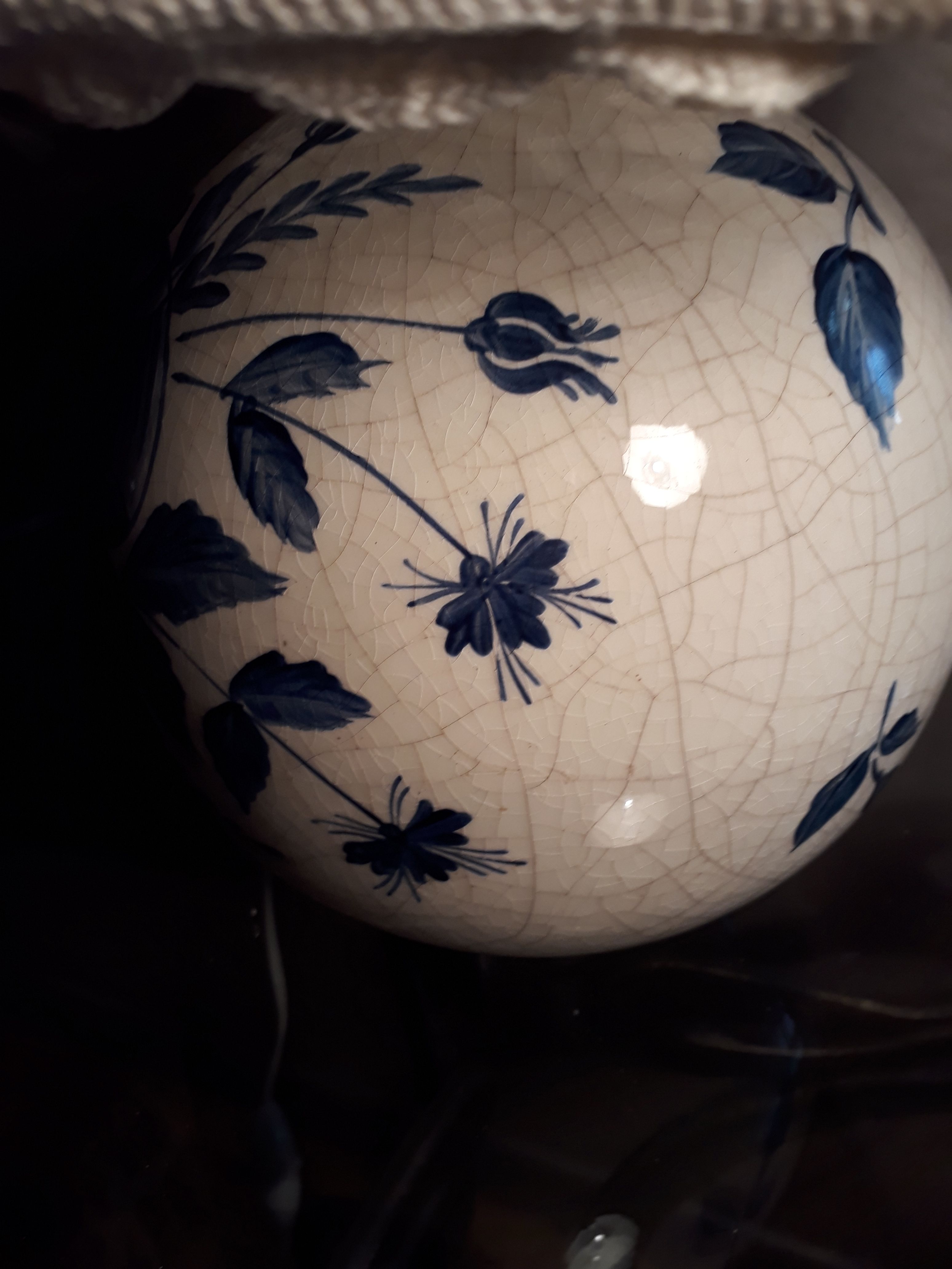 Hand-painted porcelain lamp varnish and crack, crochet-made lampshade, h 48x30cm