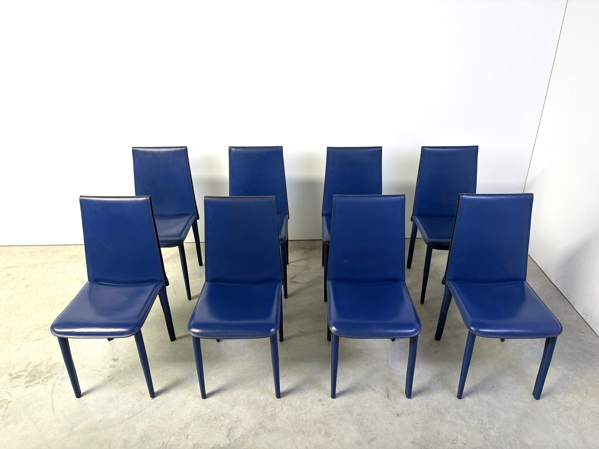 Blue leather dining chairs by Fasem, 1980s - set of 8