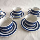 Series of 6 coffee cups in faience with blue stripes with saucers