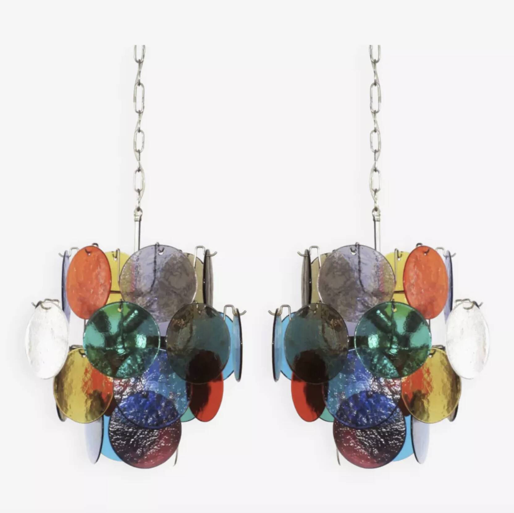 Pair of 4-light hanging chandeliers in Murano glass, Italy, 1980s.