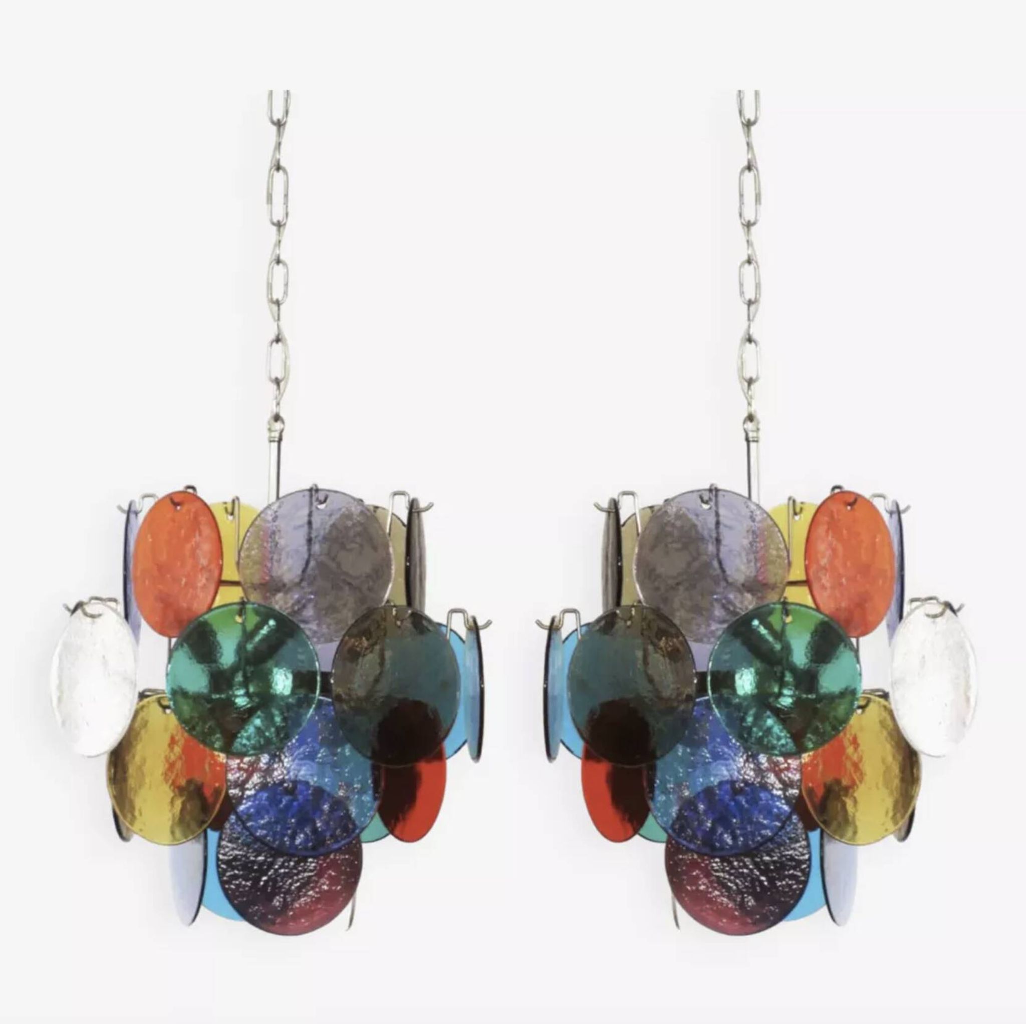 Pair of 4-light hanging chandeliers in Murano glass, Italy, 1980s.