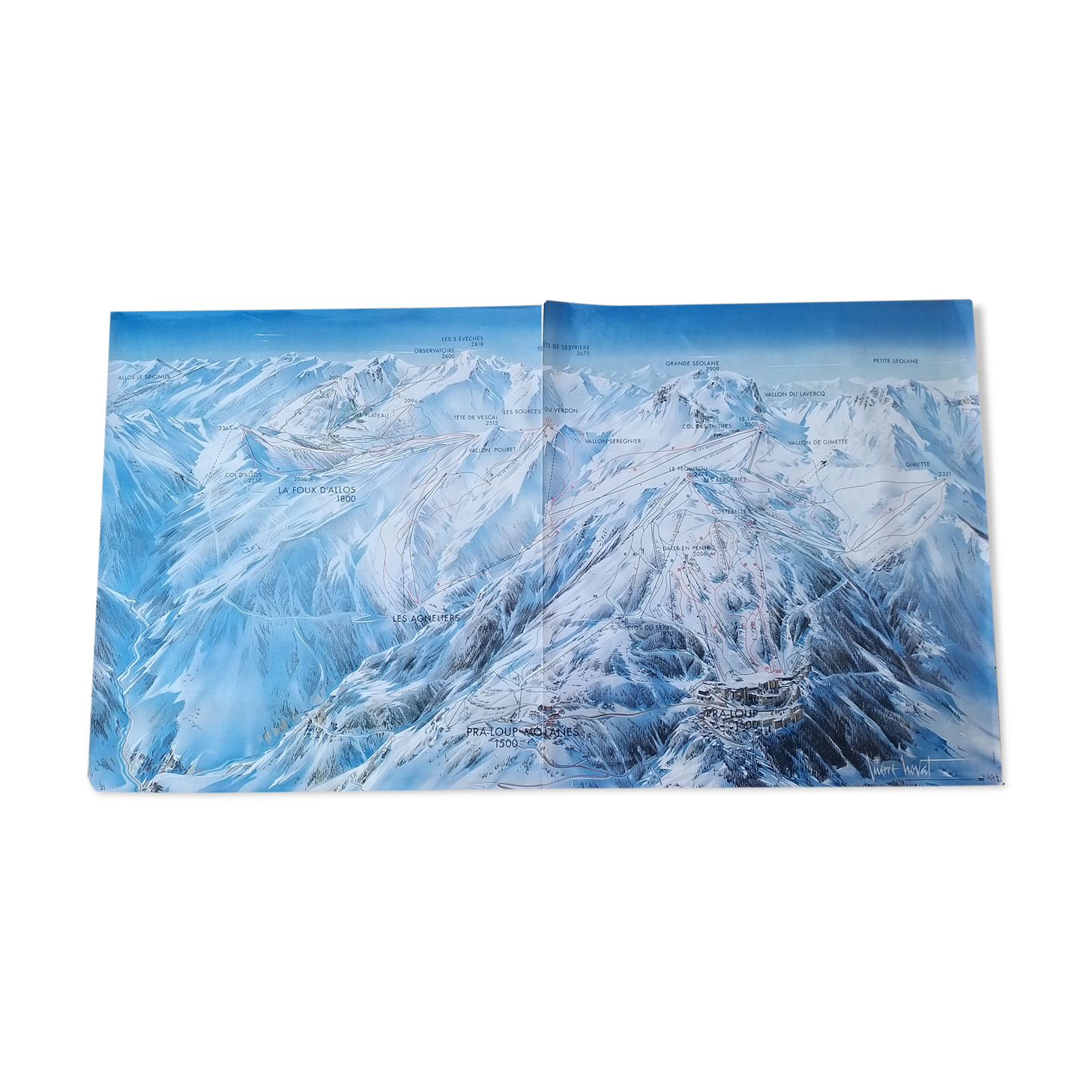 Affiche de pra-loup (ubaye-provence)- plan des pistes de ski par pierre novat (1988)