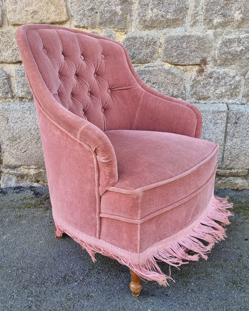 Old pink toad armchair, vintage, 40s / 50s