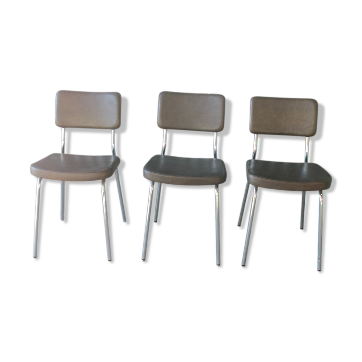 3 bronze-green faux leather chairs with chrome frames