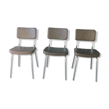 3 bronze-green faux leather chairs with chrome frames