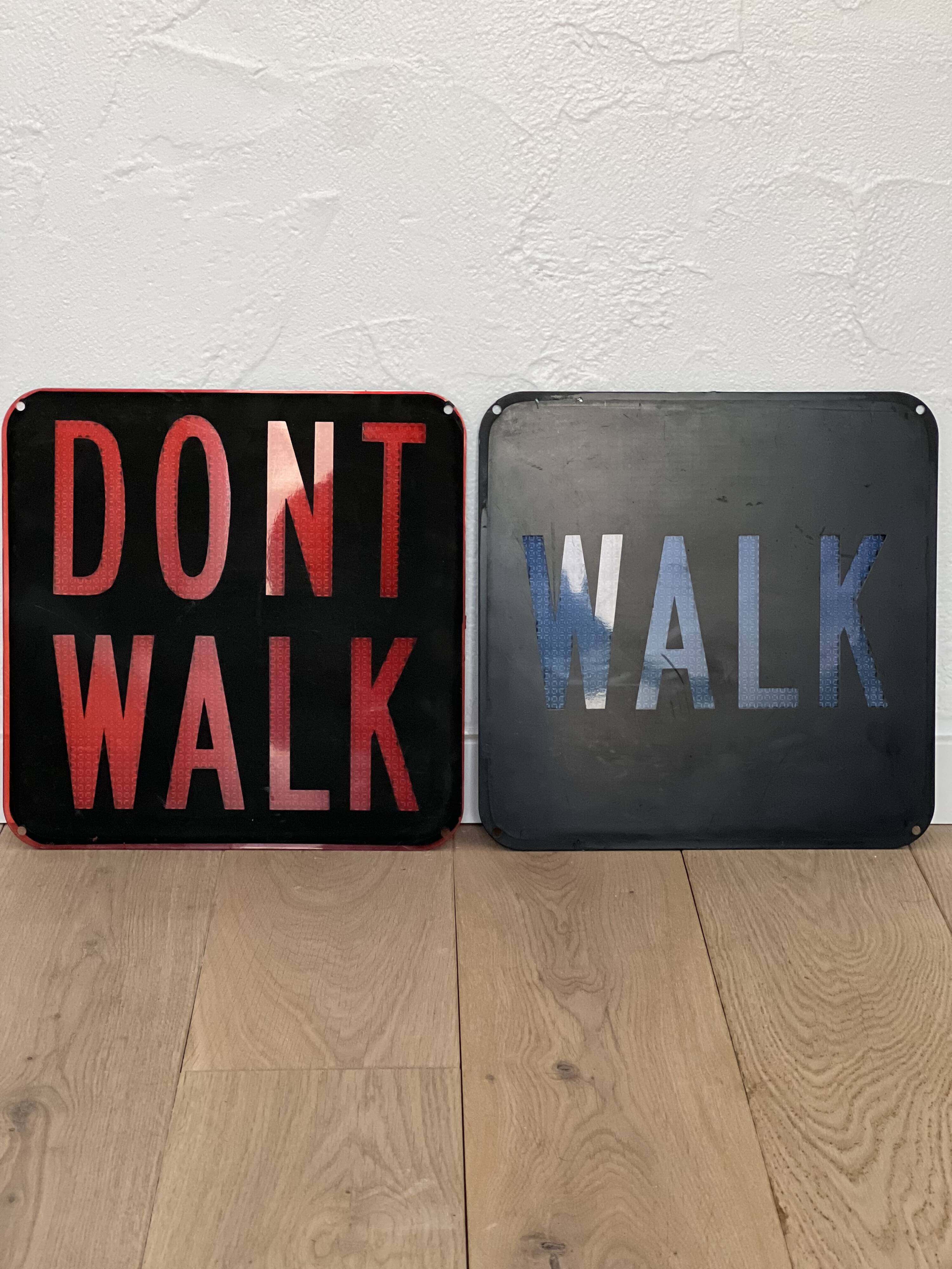 Old signs new york traffic us walk don't walk pair