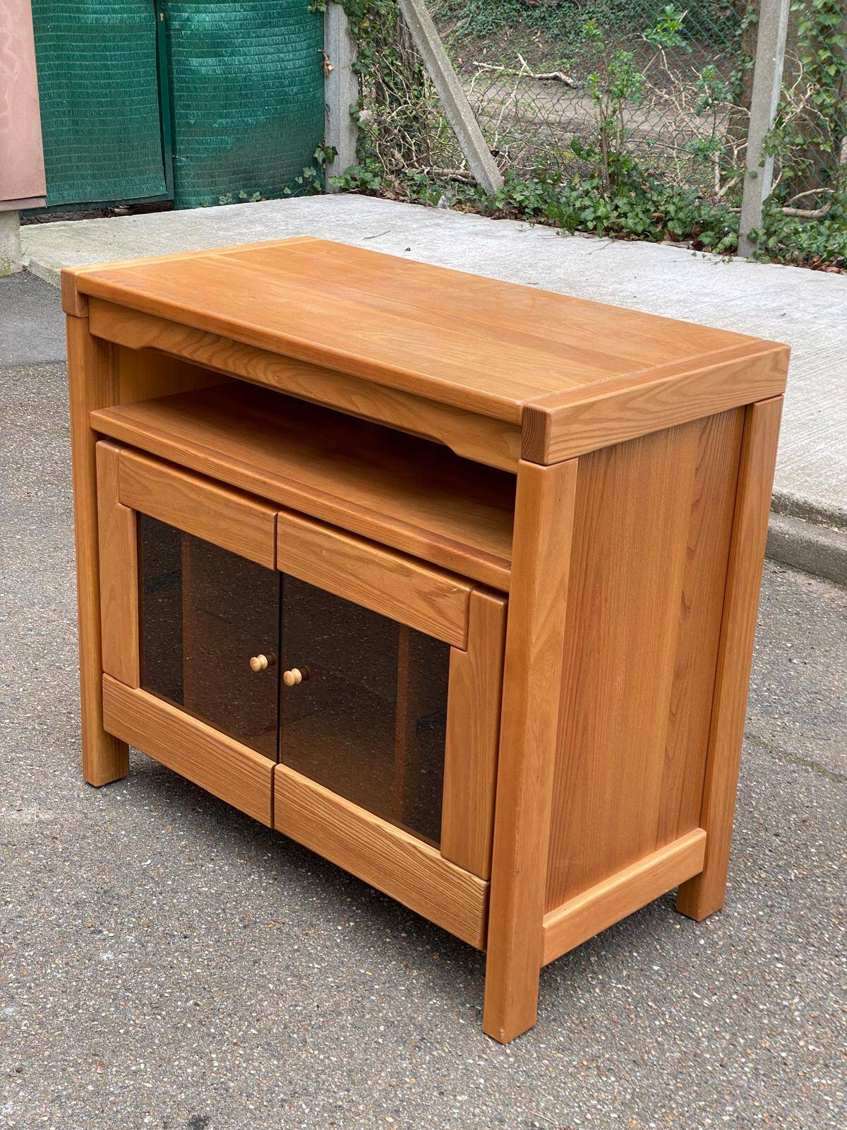 Glass-fronted Scandinavian oak sideboard from the 1980s.