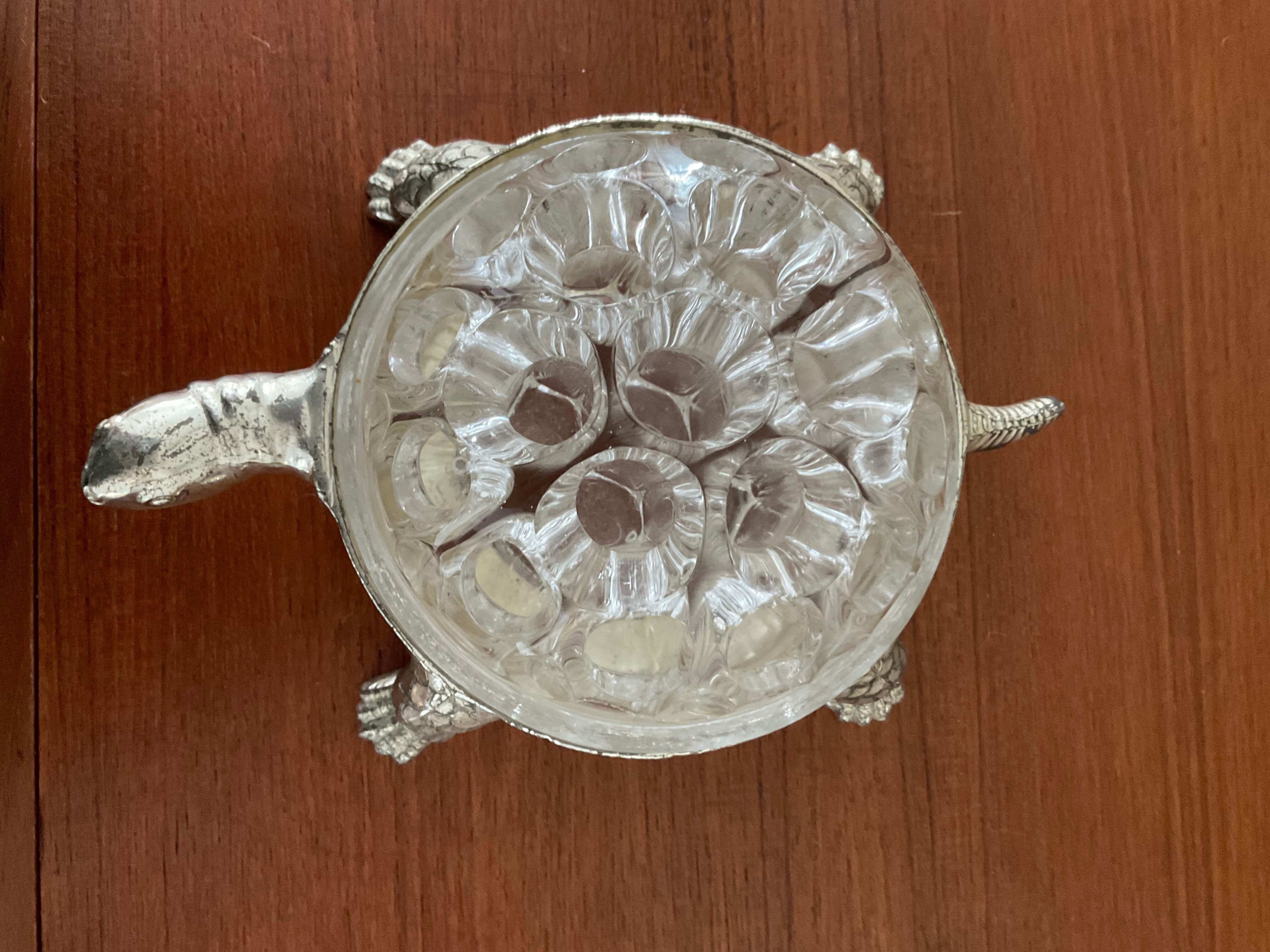 Vintage turtle flowerpeed in silver metal and glass From Reims