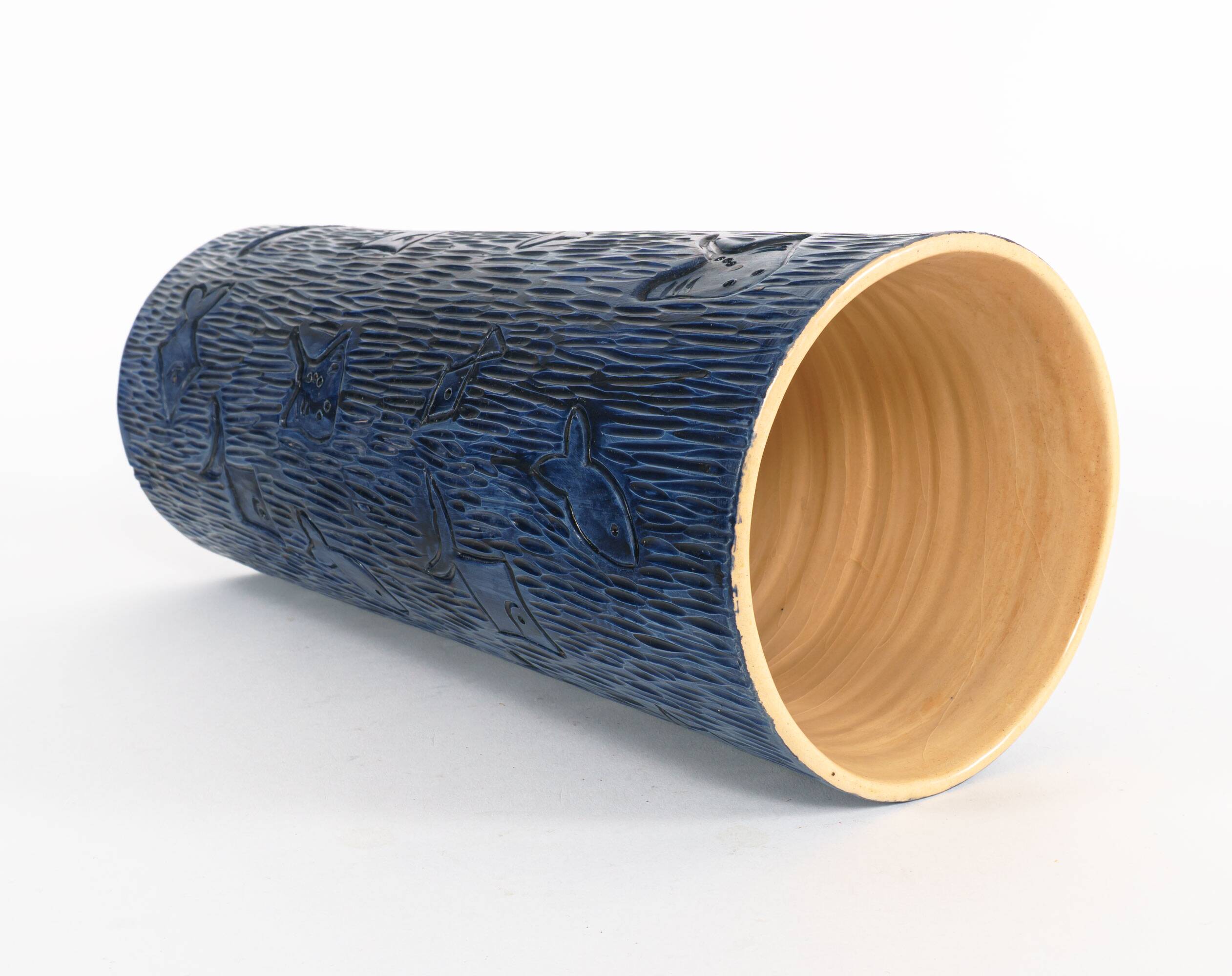 XL 1970s Blue Carved Fish Studio Pottery Vase by Hanen Ben Salah