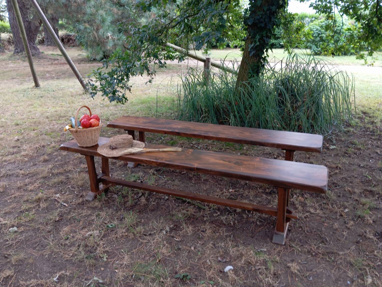 Pair of solid cherry wood farmhouse benches, 1950/60