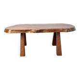 Brutalist coffee table in solid walnut, live edge slab top, France.