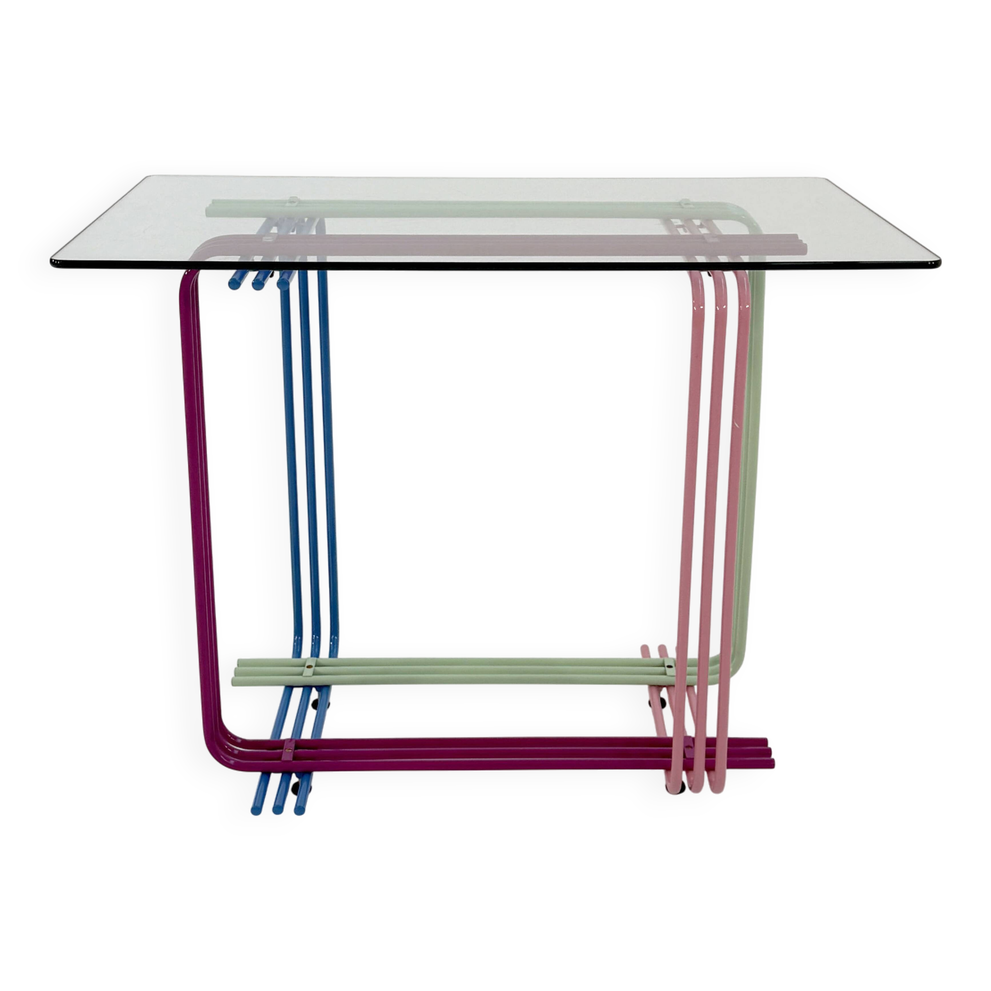 Multicolored metal and glass console, 1980