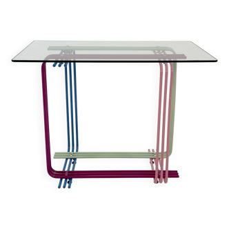 Multicolored metal and glass console, 1980
