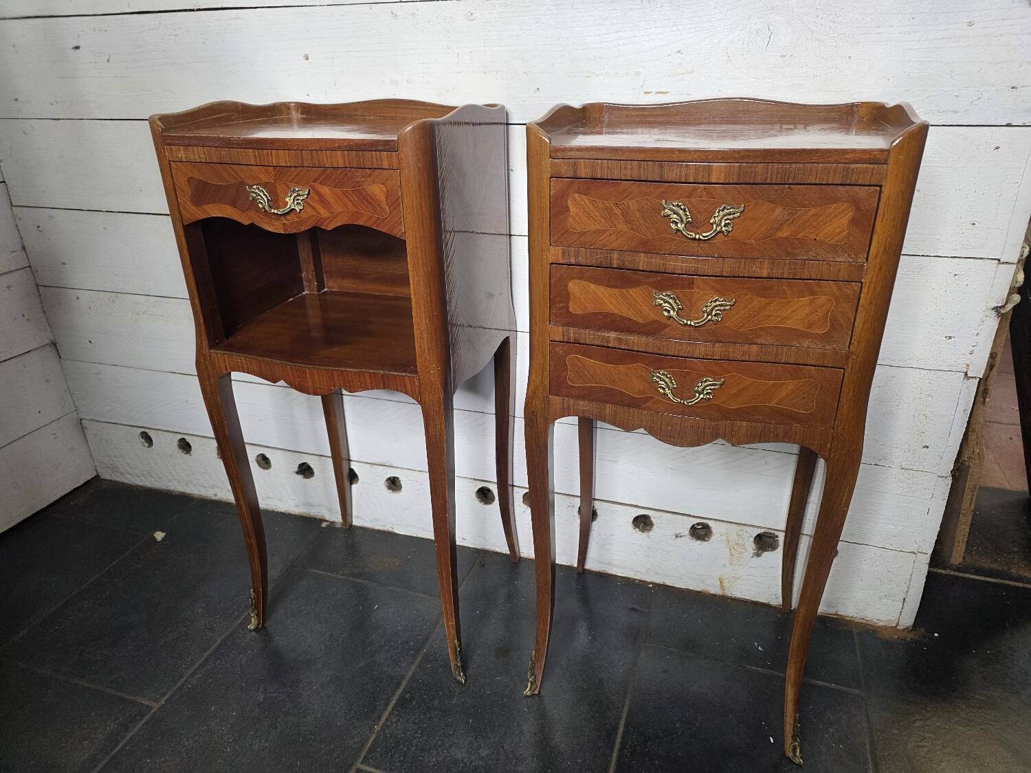 Pair of Louis XV style bedside tables in marquetry